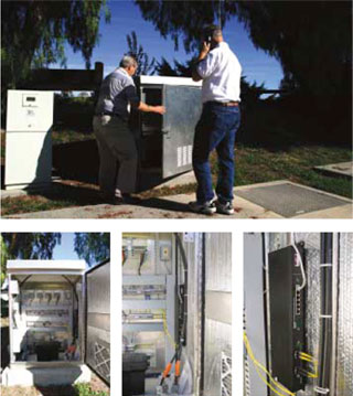 Equipment enclosure with various communications equipment. The TC3720 Redundant Ring Switch is mounted vertically on the right side.